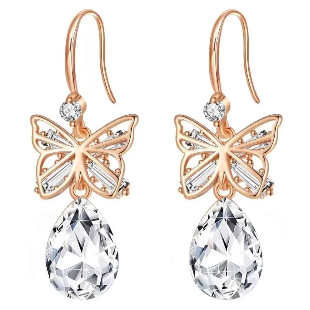 14K Rose Gold with White Diamond Austrian Crystal Butterfly Teardrop Earrings